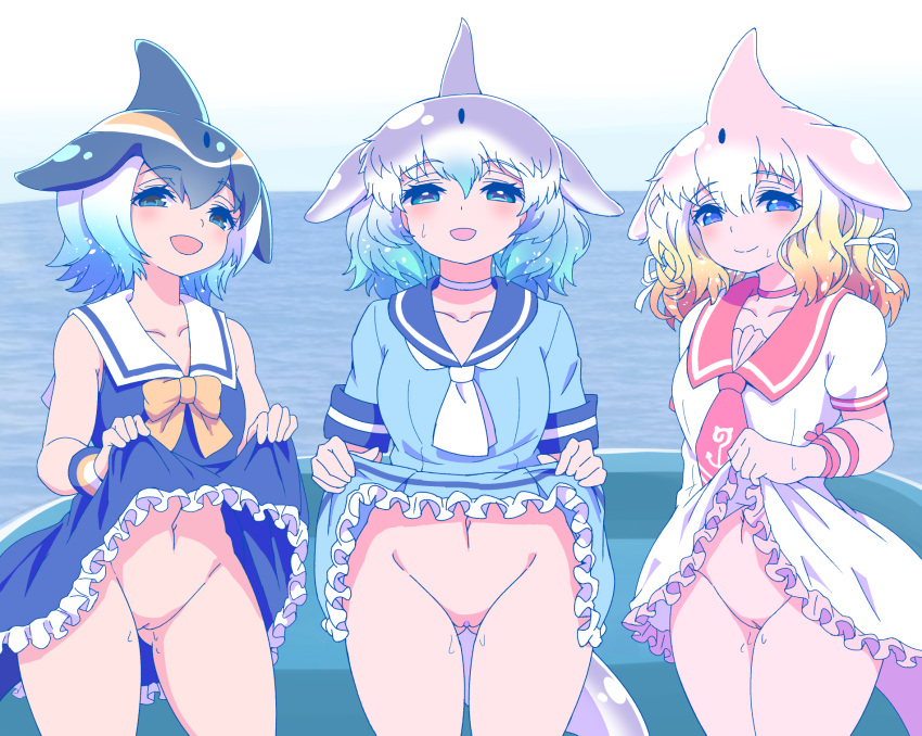 3girls black_hair blonde_hair blowhole blue_eyes blue_hair blush bow cetacean_tail chinese_white_dolphin_(kemono_friends) clothes_lift common_bottlenose_dolphin_(kemono_friends) common_dolphin_(kemono_friends) dolphin_girl dorsal_fin dress fins fish_tail flashing frilled_dress frills grey_hair head_fins highres kemono_friends lifted_by_self looking_at_viewer mamiyama multicolored_hair multiple_girls navel necktie no_panties open_mouth orange_hair pink_hair pussy sailor_collar sailor_dress shirt short_hair short_sleeves skirt skirt_lift sleeveless smile tail twintails white_hair