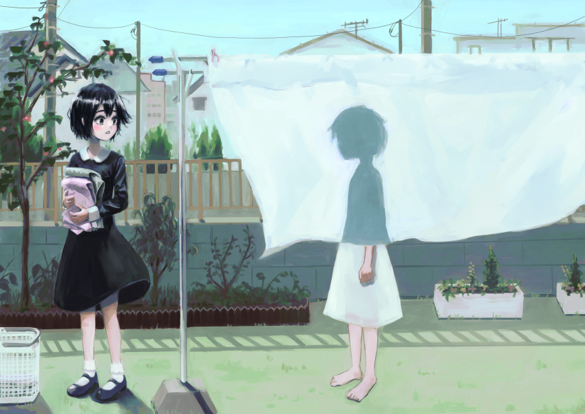 2girls absurdres black_dress black_eyes black_hair blue_sky clothes_pin clothesline day dress drying drying_clothes highres holding holding_clothes laundry laundry_basket multiple_girls nightgown okura_lino original outdoors railing short_hair sky white_nightgown