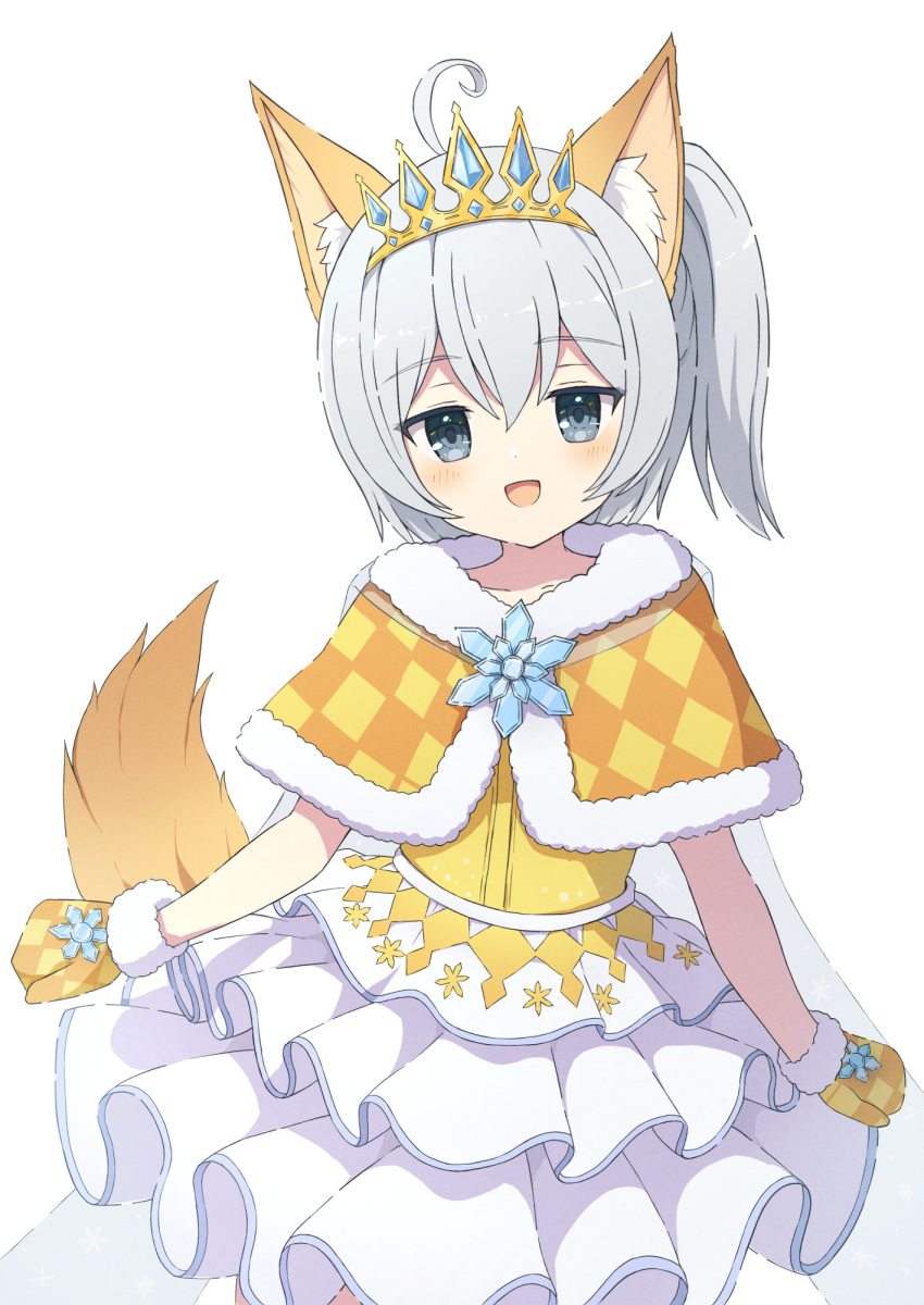 1girl :d ahoge animal_ear_fluff animal_ears argyle argyle_capelet argyle_gloves blush brooch capelet commission cowboy_shot dot_nose fox_ears fox_girl fox_tail frilled_skirt frills fur-trimmed_capelet fur_trim grey_eyes grey_hair hair_between_eyes head_tilt highres jewelry layered_skirt long_hair looking_at_viewer open_mouth orange_capelet original raised_eyebrows shirt side_ponytail sidelocks simple_background skeb_commission skirt smile solo tail tiara tyakomes white_background white_skirt yellow_shirt