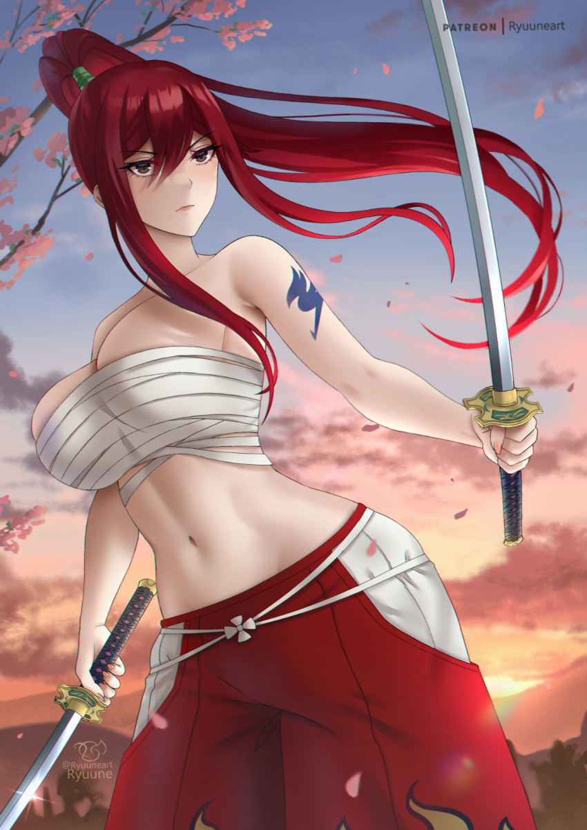 1girl arm_tattoo breasts brown_eyes closed_mouth dual_wielding erza_scarlet fairy_tail falling_petals floating_hair gradient_sky high_ponytail highres holding holding_sword holding_weapon katana large_breasts long_hair midriff navel pants petals red_hair red_pants ryuuneart sarashi sky solo stomach sword tattoo weapon