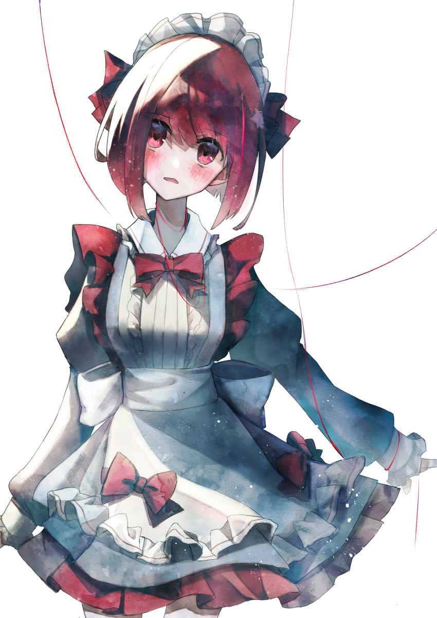 1girl absurdres apron arima_kana black_skirt blush bob_cut bow bowtie collar dress highres inverted_bob jigsaw_paru looking_at_viewer maid maid_apron maid_headdress open_mouth oshi_no_ko red_bow red_bowtie red_eyes red_hair red_ribbon ribbon short_hair simple_background skirt solo white_apron white_background white_collar