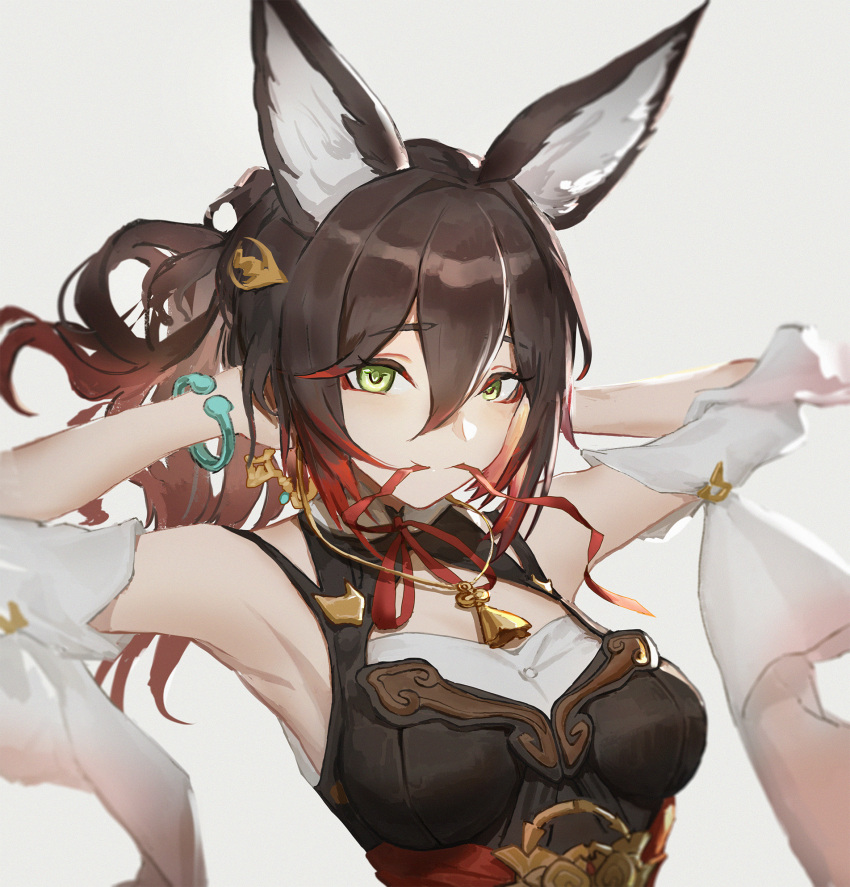 1girl animal_ears armpits bare_shoulders bow bracelet brown_hair green_eyes hair_between_eyes halterneck highres honkai:_star_rail honkai_(series) jewelry lingear long_hair looking_at_viewer mouth_hold ponytail red_bow smile solo tingyun_(honkai:_star_rail) white_background