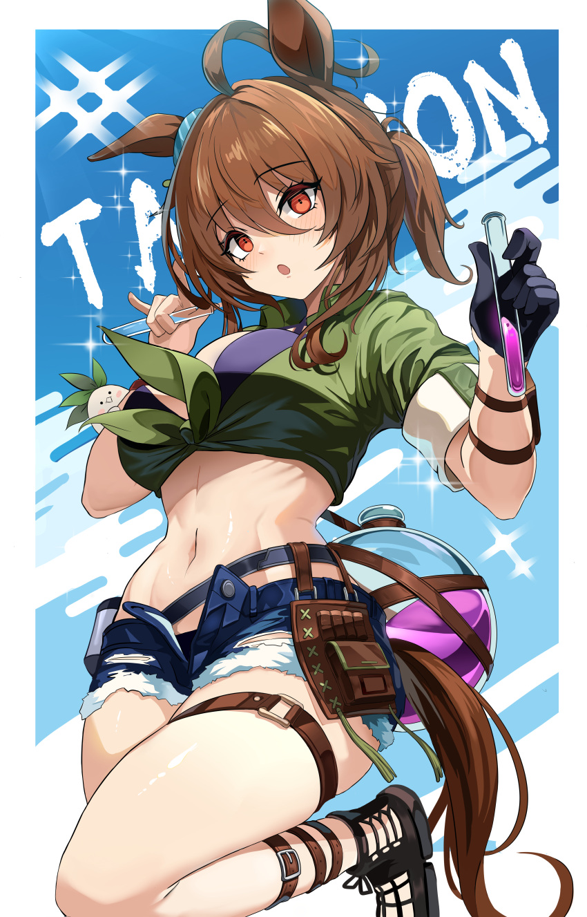 1girl :o absurdres agnes_tachyon_(lunatic_lab)_(umamusume) agnes_tachyon_(umamusume) animal_ears bikini black_bikini black_footwear black_gloves blush border breasts brown_hair character_name cleavage criss-cross_halter denim denim_shorts ear_ornament english_commentary flask gloves green_jacket groin hair_between_eyes halterneck highres holding holding_test_tube horse_ears horse_girl horse_tail jacket kii-kun_(agnes_tachyon)_(umamusume) large_breasts looking_at_viewer medium_breasts midair midriff navel official_alternate_costume open_fly open_mouth red_eyes round-bottom_flask sandals short_hair shorts sidelocks single_glove skindentation sleeves_rolled_up solo solo_focus standing standing_on_one_leg summer's_sunlight_fades_to_blue_(umamusume) swimsuit sylph_kim tail test_tube thigh_strap thighs tied_jacket umamusume white_border