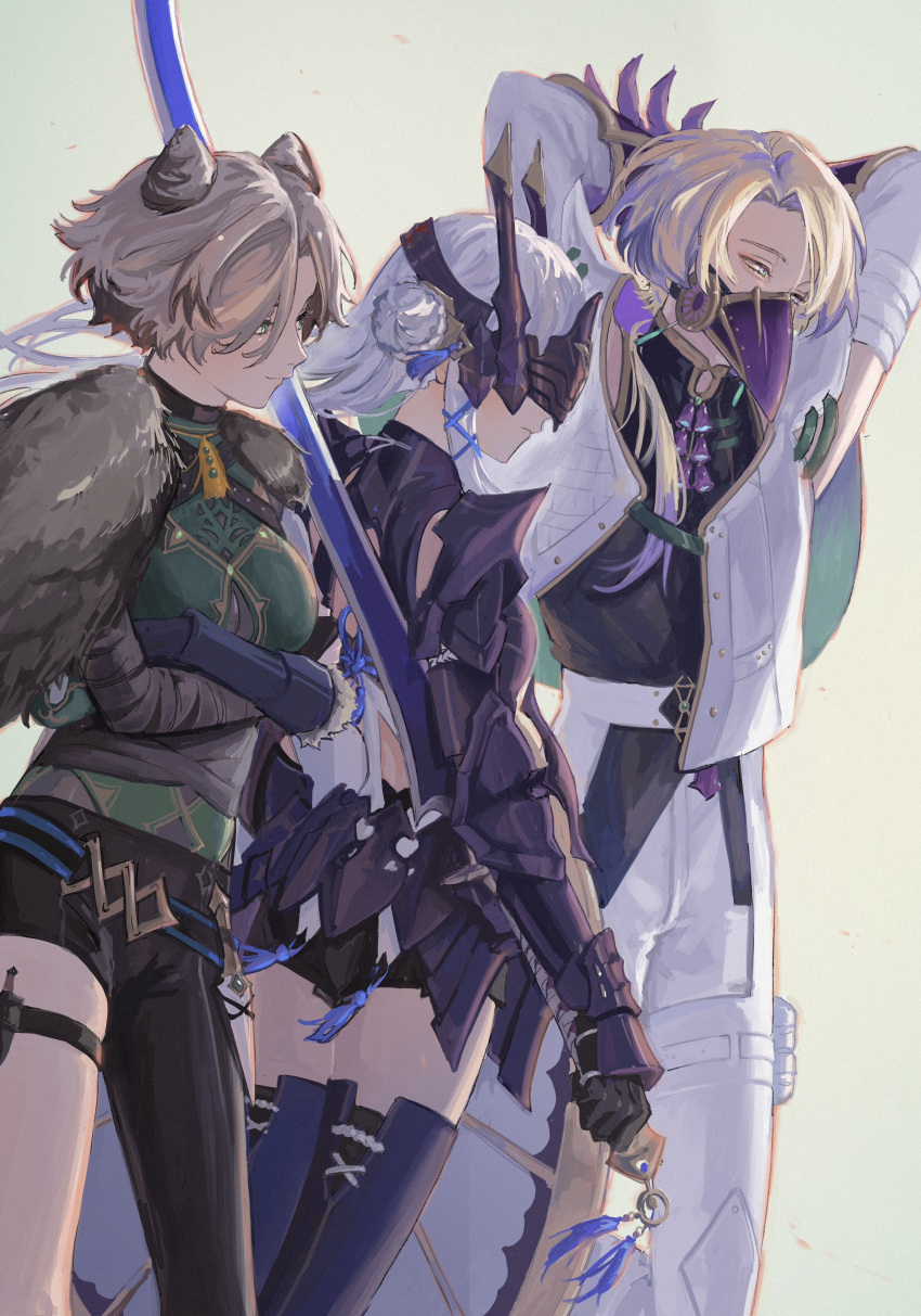 1boy 2girls absurdres armor arms_behind_head asymmetrical_clothes black_gloves black_thighhighs blonde_hair blue_eyes brown_hair brown_pants claude_clawmark crossed_arms elbow_gloves from_side gauntlets gloves green_eyes grey_hair hair_between_eyes highres kunai_nakasato long_hair mask multiple_girls nijisanji nijisanji_en pants parted_bangs short_hair single_pantsleg smile sword thigh_strap thighhighs ttt_(nijisanji) victoria_brightshield virtual_youtuber weapon weee_1111