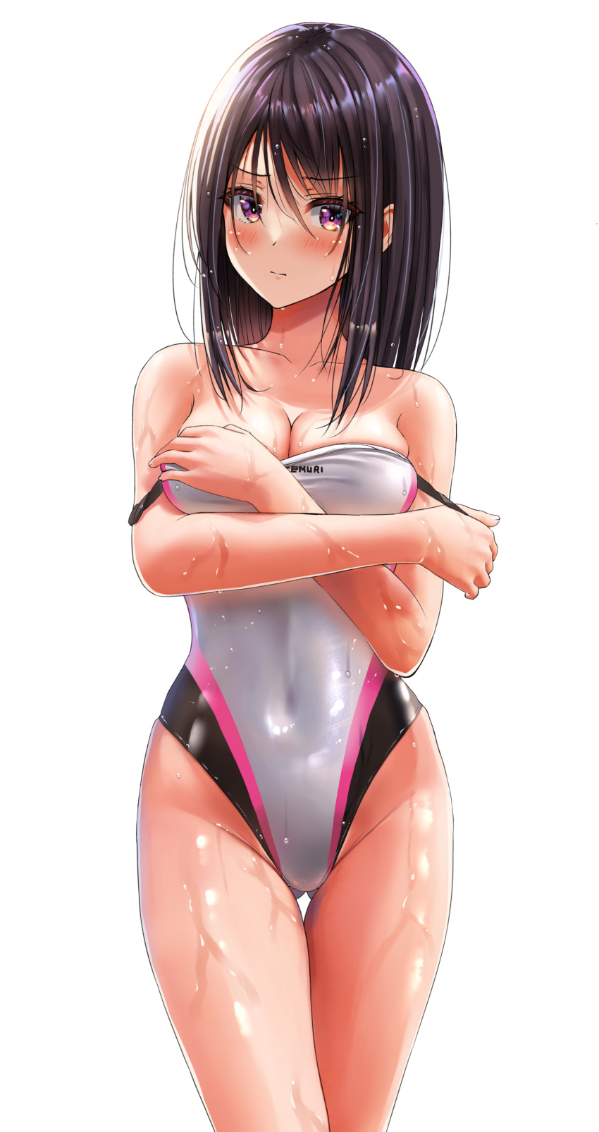 1girl absurdres ass_visible_through_thighs black_hair breasts cleavage clothes_pull collarbone commentary_request competition_swimsuit covered_navel cowboy_shot crossed_arms highleg highleg_swimsuit highres medium_breasts medium_hair multicolored_clothes multicolored_swimsuit one-piece_swimsuit one-piece_swimsuit_pull original purple_eyes shiny_skin shiny_swimsuit simple_background solo swimsuit thigh_gap wet wet_clothes wet_swimsuit white_background white_one-piece_swimsuit yukemuriganmo