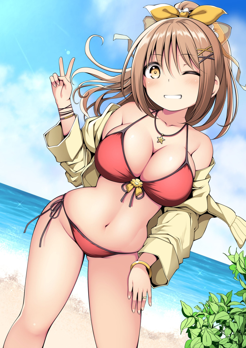 1girl beach bikini blue_sky blush breasts brown_hair cleavage cloud day grin hair_ornament hair_ribbon hairclip highres jacket jewelry kuromayu long_hair looking_at_viewer necklace ocean one_eye_closed open_clothes open_jacket orange_eyes original outdoors plant ponytail red_bikini ribbon sky smile solo star_(symbol) star_necklace swimsuit v x_hair_ornament yellow_jacket