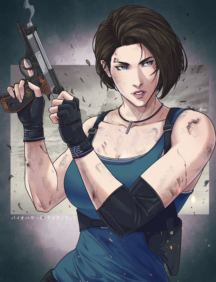 1girl 2023 blue_eyes brown_hair collarbone commission fingerless_gloves gloves gun handgun highres holding holding_weapon holster injury jewelry jhony_caballero jill_valentine necklace resident_evil resident_evil_3:_nemesis resident_evil_3_(remake) smoke smoking_gun solo tank_top trigger_discipline weapon