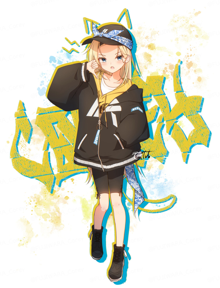 1girl absurdres baseball_cap black_footwear black_headwear black_jacket black_shorts blonde_hair blue_eyes blush commentary_request coreytaiyo dated drawstring forehead graffiti hand_up hat highres hood hood_down hooded_jacket hoodie jacket long_hair long_sleeves looking_at_viewer off_shoulder open_mouth original puffy_long_sleeves puffy_sleeves shirt shoes shorts signature solo thumbs_down very_long_hair white_shirt yellow_hoodie