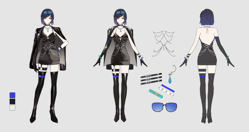 1girl aqua_eyes asymmetrical_gloves asymmetrical_hair bare_back bare_shoulders black_choker black_coat black_dress black_footwear black_gloves black_straps blue-framed_eyewear blue_hair boots breasts choker coat dress elbow_gloves eyewear_on_head from_behind genshin_impact gloves highres jewelry looking_at_viewer mole mole_on_breast multiple_views necklace pearl_necklace purple_hair reference_sheet short_hair simple_background sleeveless sleeveless_dress smile standing thigh_boots thigh_strap to_e yelan_(genshin_impact)