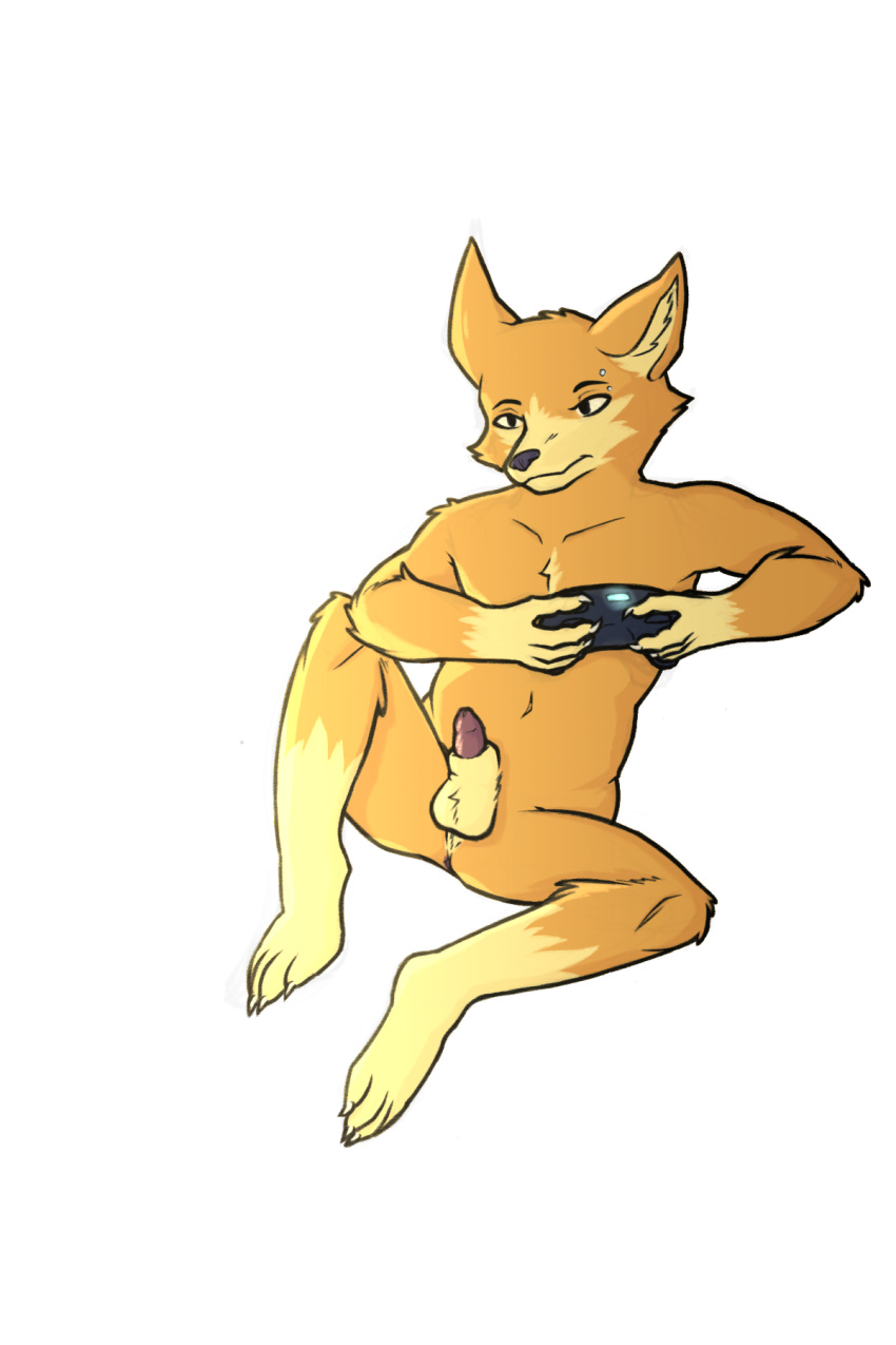 anthro balls canid canine claws controller digital_media_(artwork) eyebrow_piercing facial_piercing fan_character fox fur game_controller genitals hi_res male mammal nate_foster nude penis piercing simple_background solo white_background yellow_body yellow_fur