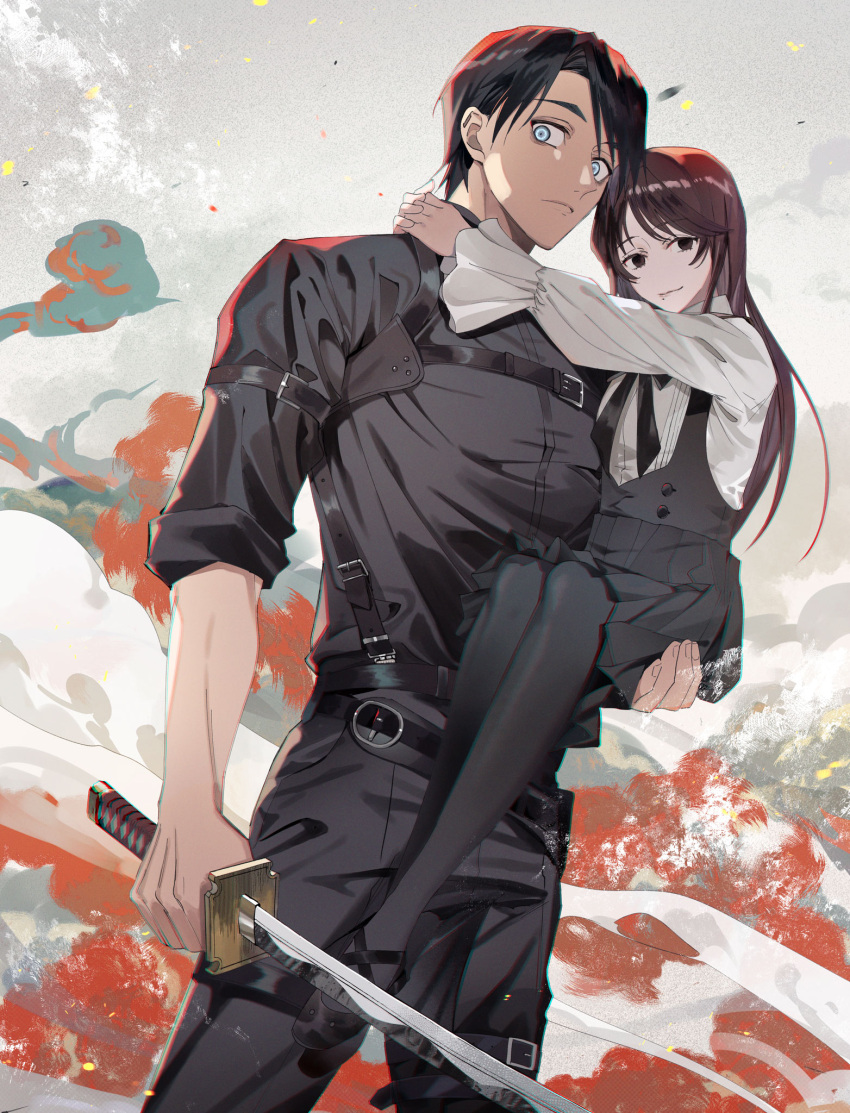 1boy 1girl belt black_belt black_eyes black_footwear black_hair black_leggings black_pants black_shirt black_skirt blue_eyes carrying carrying_person chest_harness collared_shirt cowboy_shot empty_eyes full_body harness highres holding holding_sword holding_weapon holster jujutsu_kaisen katana leggings long_hair long_sleeves looking_at_viewer miniskirt mole mole_under_mouth neck_ribbon okkotsu_yuuta orimoto_rika pants pleated_skirt ribbon s_o_i shirt shoes short_hair shoulder_holster skirt sleeves_rolled_up smile standing sword weapon white_shirt