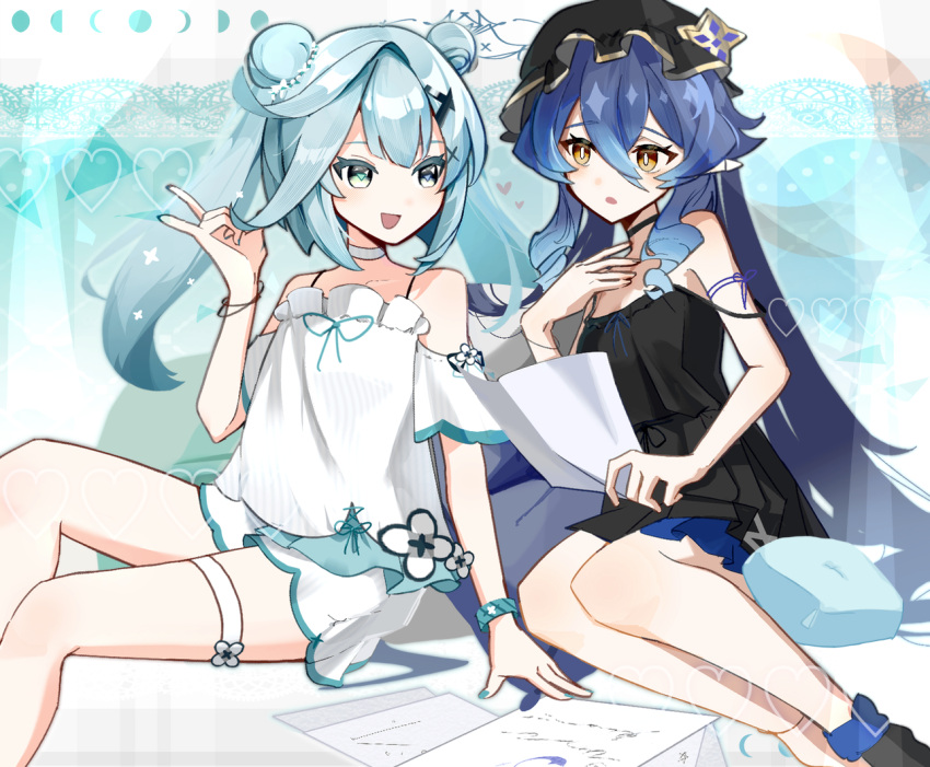 2girls :d bag bare_legs bare_shoulders black_dress blue_bracelet blue_eyes blue_hair blue_nails blush bracelet breasts choker collarbone double_bun dress faruzan_(genshin_impact) feet_out_of_frame frilled_shirt frills from_side genshin_impact gradient_hair green_eyes hair_bun hair_ornament hand_on_own_chest handbag hat heart heterochromia holding holding_paper jewelry layla_(genshin_impact) legs_together letter long_bangs looking_at_another mob_cap multicolored_hair multiple_girls nail_polish off-shoulder_shirt off_shoulder open_mouth orange_eyes paper raised_eyebrows shirt short_dress sidelocks sitting small_breasts smile sundress thigh_strap triangle-shaped_pupils twintails utori_(tanakautori) white_choker white_shirt x_hair_ornament