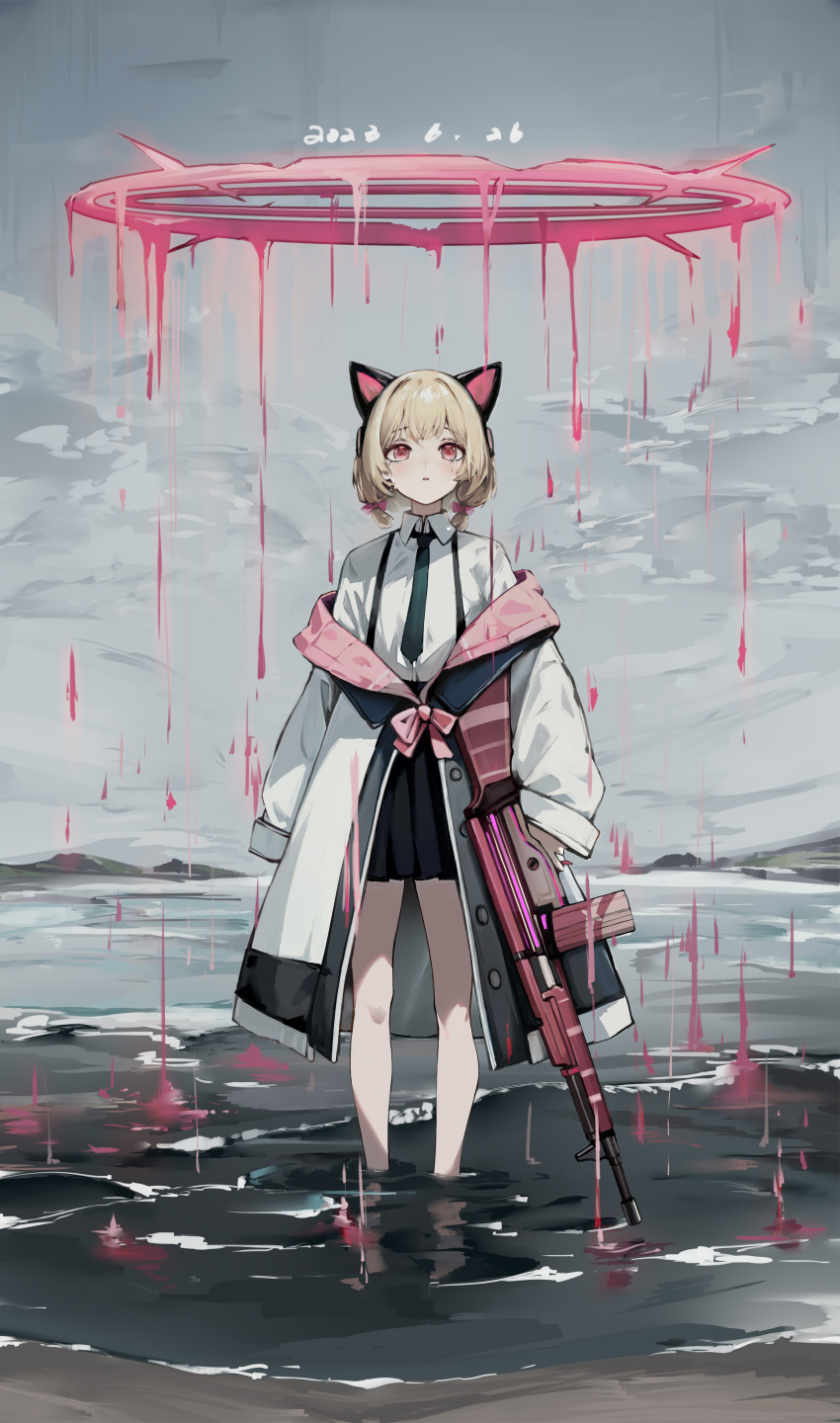 1girl absurdres animal_ear_headphones animal_ears assault_rifle battle_rifle black_skirt blonde_hair blue_archive blue_necktie bow collared_shirt fake_animal_ears gun h&amp;k_g3 hair_bow halo headphones highres holding holding_gun holding_weapon long_sleeves looking_at_viewer miao_ao_tian momoi_(blue_archive) necktie pink_eyes red_bow rifle shirt skirt solo weapon white_shirt
