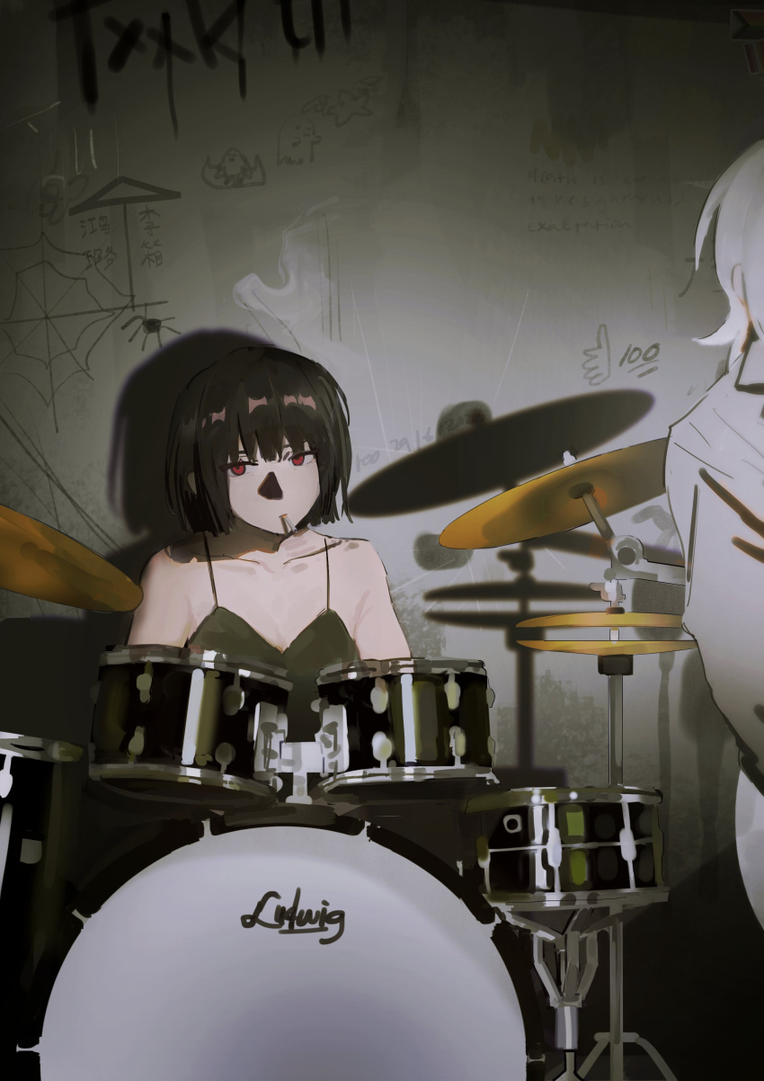 2girls absurdres ai_ai_gasa bare_shoulders black_hair black_shirt camera_flash closed_mouth collarbone drum drum_set faust_(project_moon) highres indoors instrument limbus_company looking_at_viewer multiple_girls project_moon ryoshu_(project_moon) shirt short_hair sleeveless sleeveless_shirt spaghetti_strap white_hair yose_(voicepilled)