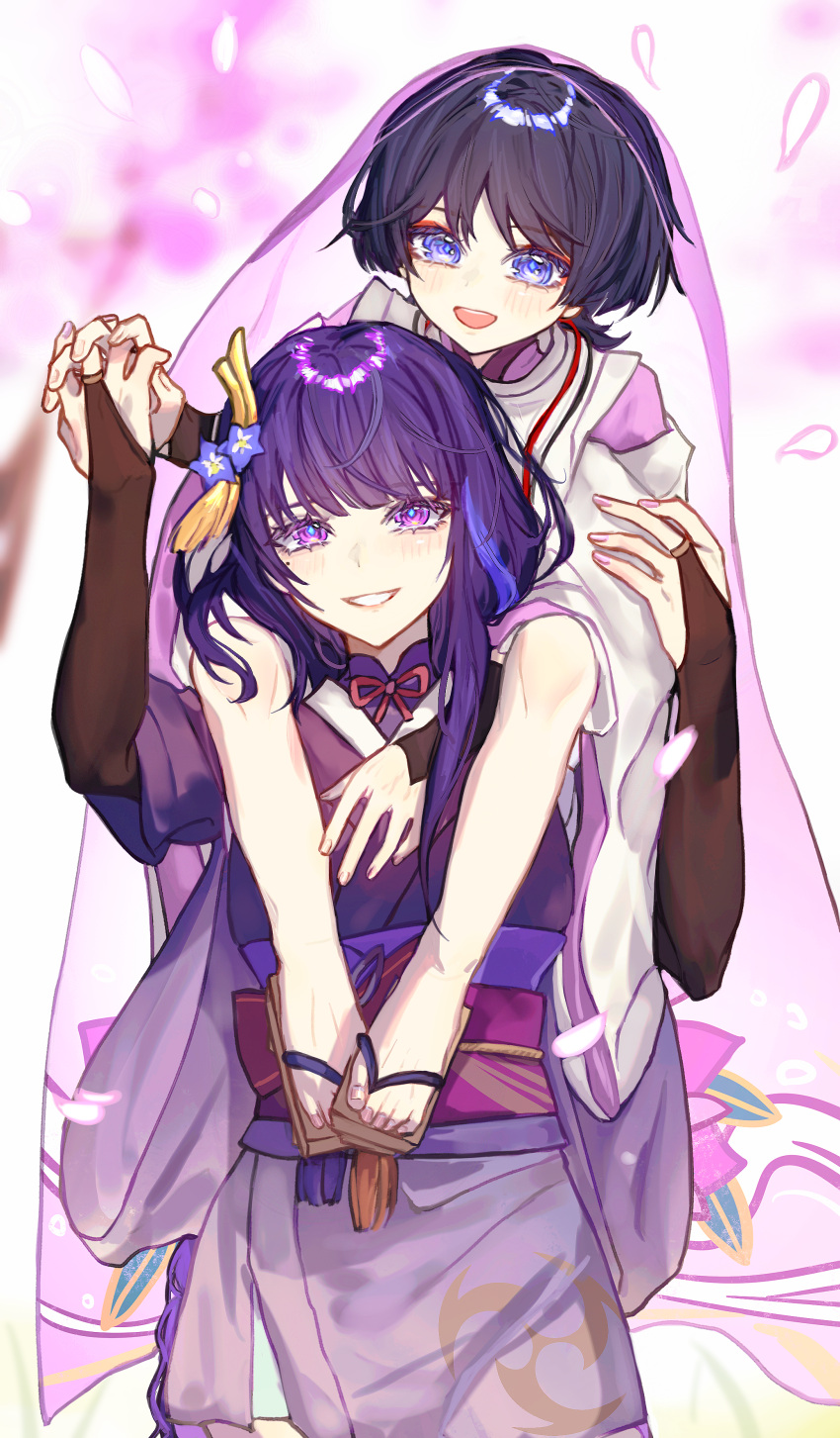 1boy 1girl absurdres baibaige1108 blue_eyes blue_hair blunt_bangs blurry blurry_background carrying cherry_blossoms dark_blue_hair falling_petals genshin_impact hair_ornament happy highres holding holding_hands japanese_clothes light_blush long_hair mole mole_under_eye mother_and_son open_mouth outdoors petals piggyback purple_eyes purple_hair raiden_shogun scaramouche_(genshin_impact) scaramouche_(kabukimono)_(genshin_impact) smile