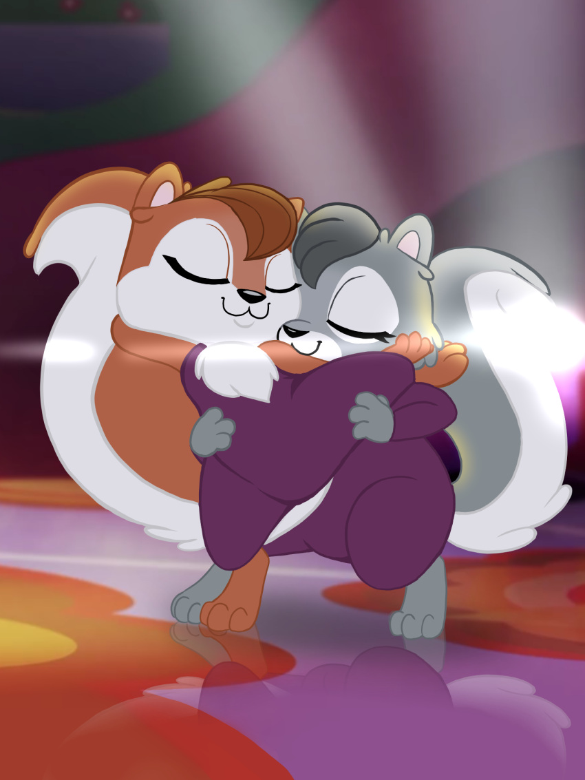 2020 3:4 anthro black_nose brown_body brown_fur buckteeth clothing dancing diacordst duo eyes_closed fluffy fluffy_tail fur fur_tuft grey_body grey_fur hasbro hi_res leotard littlest_pet_shop_a_world_of_our_own male mammal one_leg_up raised_leg rodent sciurid tail teeth tree_squirrel tuft white_body white_fur