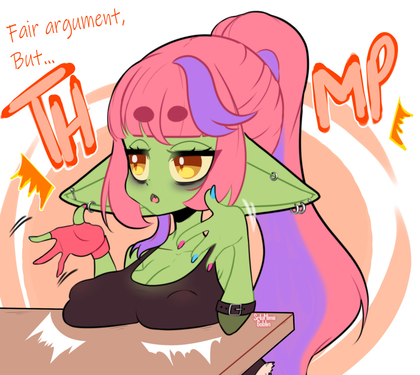 4_fingers absurd_res breasts clothing colored_nails dialogue fangs female fingers floppy_ears goblin green_body green_skin hair hi_res humanoid nails open_mouth piercing pink_hair purple_hair short_stack simple_background solo srtamimiigoblin teeth text thump_(meme) yellow_eyes