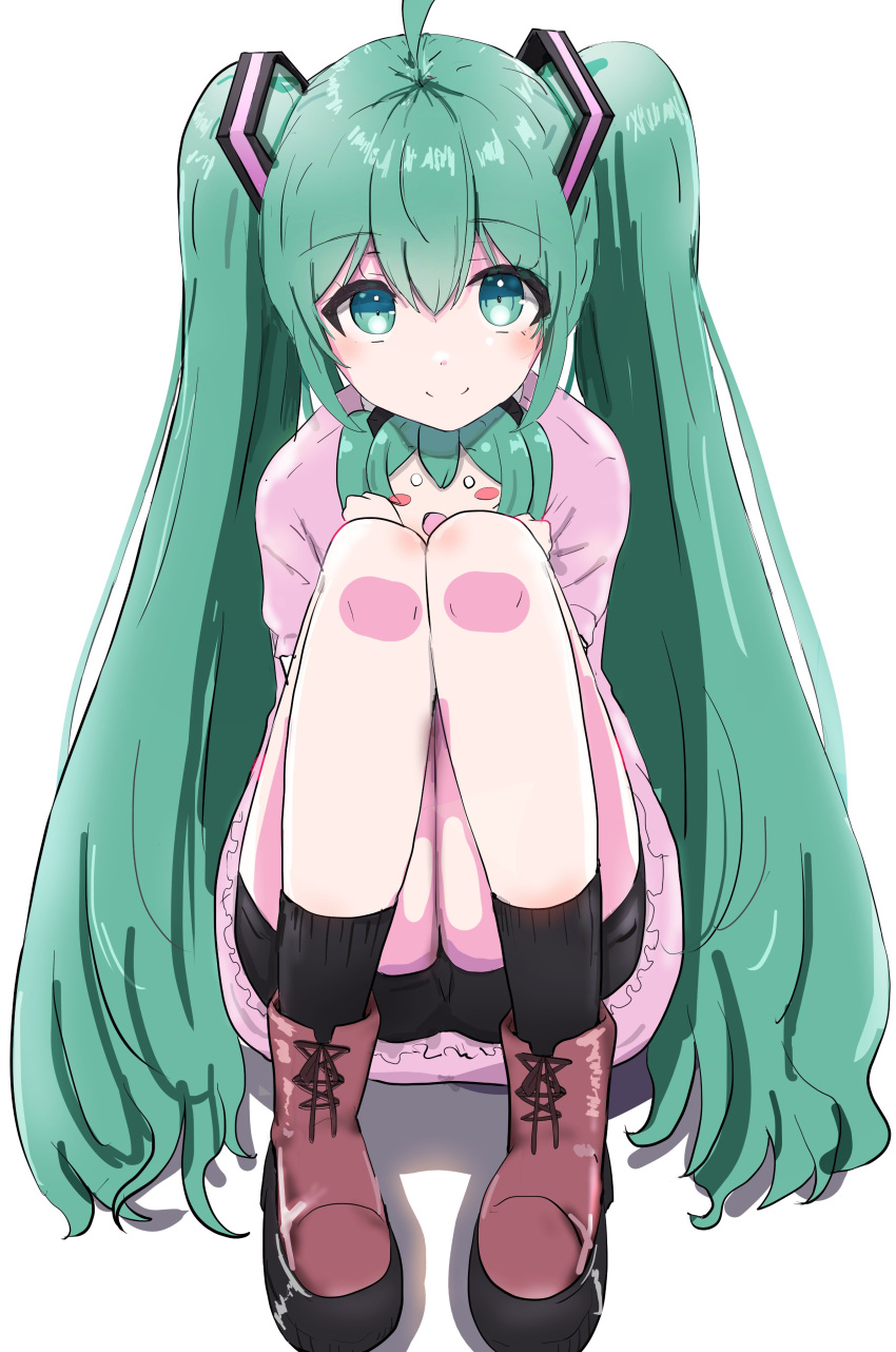 1girl absurdres ahoge aqua_eyes aqua_hair black_socks blush blush_stickers boots brown_footwear character_doll closed_mouth commentary cross-laced_footwear doll ekaki_kukuma full_body hair_between_eyes hair_ornament hatsune_miku highres holding holding_doll knees_together_feet_apart knees_up long_hair looking_at_viewer open_mouth simple_background sitting smile socks solo twintails very_long_hair vocaloid white_background