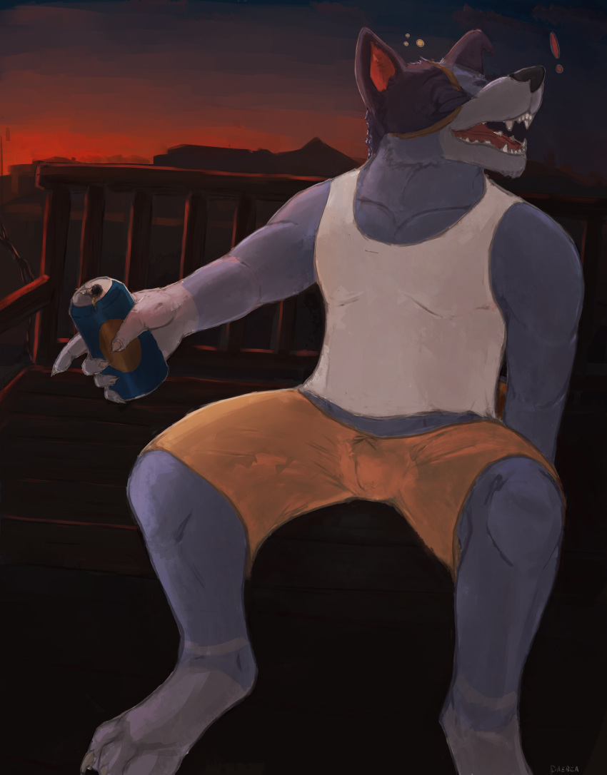 absurd_res alcohol anthro australian_cattle_dog beer beverage beverage_can blue_body bluey_(series) bubble bulge canid canine canis cattledog clothing daebea detailed_background domestic_dog drinking drunk drunk_bubble eyes_closed fur garden happy herding_dog hi_res male mammal musclegut open_mouth outside pastoral_dog paws shirt sitting sky slightly_chubby solo solo_focus stripe_heeler stripes substance_intoxication sunset tank_top topwear