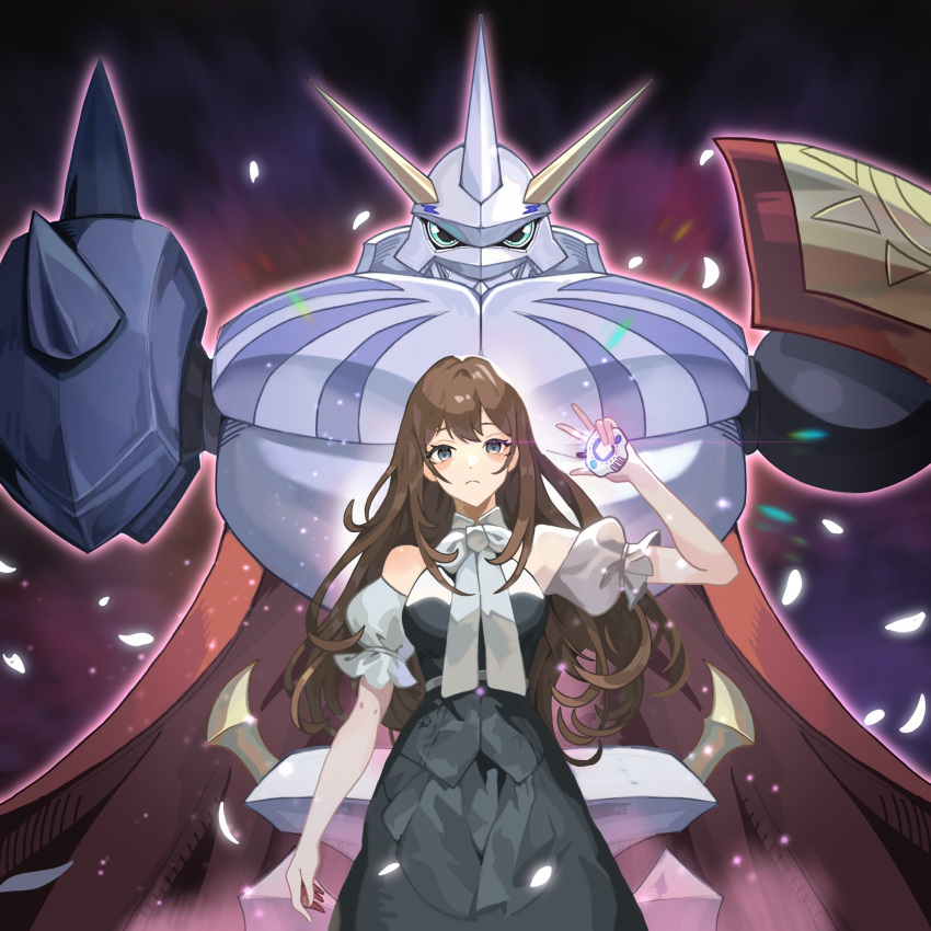 1girl 1other bare_shoulders black_skirt blue_eyes breasts brown_hair cape commission currynoodle_art digimon digimon_(creature) digimon_adventure digivice green_eyes highres long_hair looking_at_viewer medium_breasts omegamon original skirt spikes