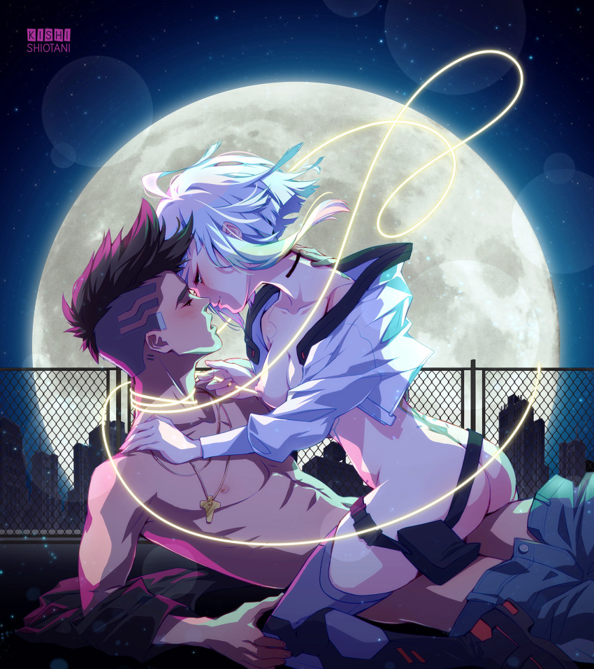 1boy 1girl artist_name ass blonde_hair breasts cityscape clothes_pull cropped_jacket cyberpunk_(series) cyberpunk_edgerunners david_martinez fence green_hair grey_thighhighs hands_on_another's_shoulders highres imminent_kiss jacket kishishiotani light_purple_hair lucy_(cyberpunk) medium_breasts monowire moon naked_jacket night night_sky nipples pants pants_pull pink_hair pouch sitting sitting_on_person sky thighhighs white_jacket