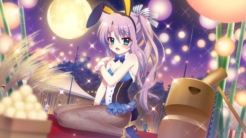 1boy 2girls 4others animal_ears aqua_eyes bamboo bare_shoulders between_legs blue_bow blue_bowtie blue_skirt blurry blurry_foreground blush bow bowtie breasts cleavage covering detached_collar dot_nose dutch_angle embarrassed fang film_grain fishnet_pantyhose fishnets food from_side full_moon game_cg hair_bow hand_between_legs high_heels high_ponytail izumi_tsubasu kine lantern long_hair mallet miniskirt mochi mochitsuki moon mortar_(bowl) multiple_girls multiple_others non-web_source official_art open_mouth pantyhose paper_lantern playboy_bunny pole purple_hair rabbit_ears rabbit_tail re:stage! rice_stalk sitting skirt sky small_breasts solo_focus sparkle stage star_(sky) starry_sky striped striped_bow tail tent tree tsukisaka_sayu twilight very_long_hair wariza wrist_cuffs