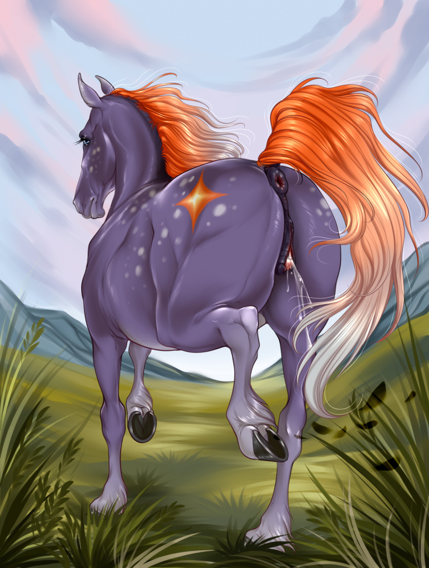 2023 anatomically_correct anatomically_correct_genitalia anatomically_correct_pussy animal_genitalia animal_pussy anus bodily_fluids butt clitoral_winking clitoris cloud detailed_background equid equine equine_genitalia equine_pussy eyelashes female feral genital_fluids genitals grass hi_res hooves horse mammal mane orange_mane orange_tail outside plant puffy_anus pussy pussy_juice raised_tail rear_view sky solo tail velvet_requiem