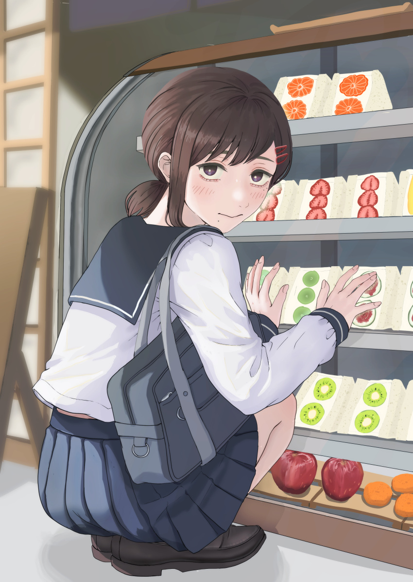 1girl absurdres apple black_footwear blue_sailor_collar blue_skirt brown_eyes brown_hair cake chainsaw_man closed_mouth day display_case food fruit fruit_sandwich hair_ornament hairclip higashiyama_kobeni highres kiwi_(fruit) kiwi_slice loafers longines looking_at_viewer medium_hair orange_(fruit) outdoors pleated_skirt sailor_collar school_uniform serafuku shirt shoes shop short_ponytail single_sidelock skirt solo squatting strawberry strawberry_slice white_shirt