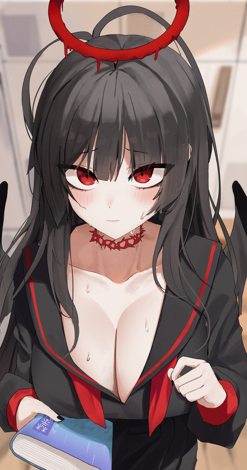 1girl absurdres ahoge black_hair black_nails black_wings blue_archive blush book breasts choker cleavage collarbone halo highres holding holding_book large_breasts long_hair looking_at_viewer pleated_skirt pov raised_eyebrows red_choker red_eyes sailor_collar school_uniform serafuku seya_(sseya33) shy skirt solo sweat tsurugi_(blue_archive) undone_neckerchief wavy_mouth wings