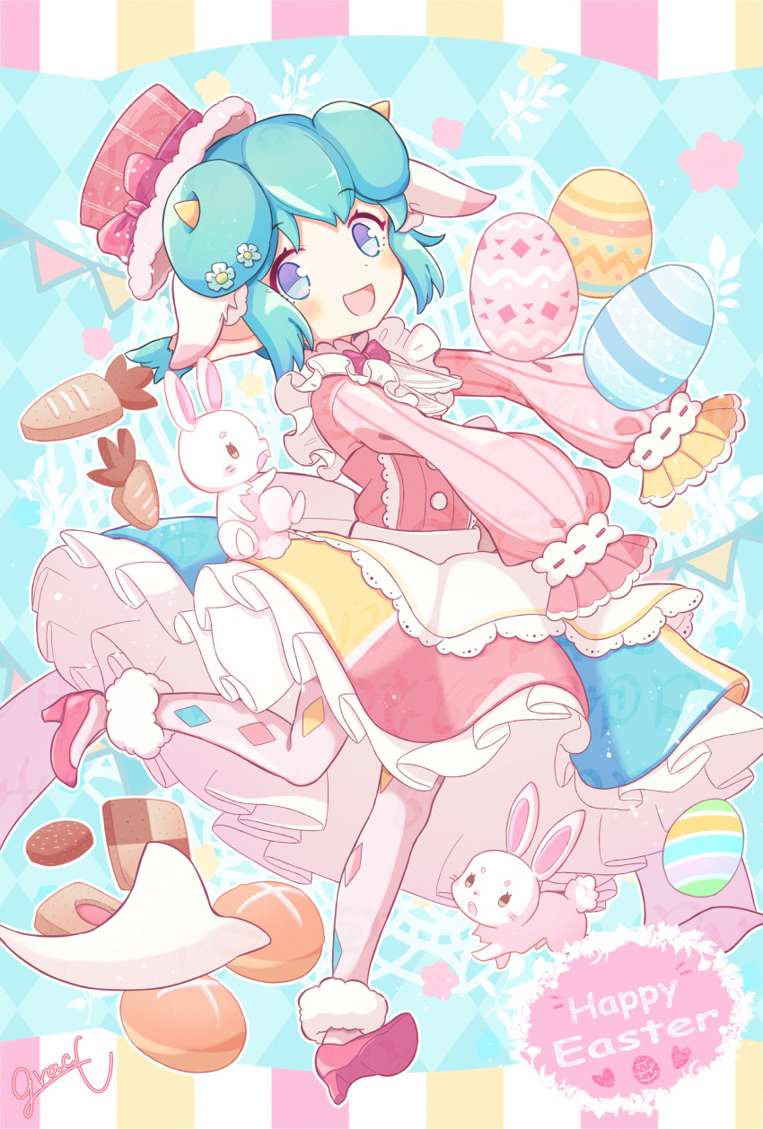 1girl absurdres animal_ears apron double_bun easter easter_egg egg full_body green_hair hair_bun happy_easter highres jazz_grace lidelle_(puyopuyo) long_sleeves looking_at_viewer lop_rabbit_ears pantyhose pink_footwear pink_headwear pink_pantyhose pointy_ears puyopuyo puyopuyo_fever puyopuyo_quest rabbit_ears signature sleeves_past_fingers sleeves_past_wrists solo white_apron white_rabbit_(animal) yellow_horns