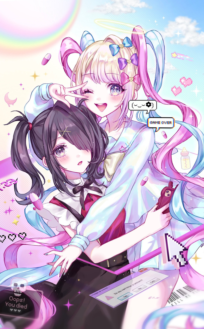 2girls ;d absurdres ame-chan_(needy_girl_overdose) barcode black_eyes black_hair black_ribbon black_skirt blonde_hair blue_bow blue_eyes blue_hair blue_nails blue_shirt blue_skirt blush bow cellphone chouzetsusaikawa_tenshi-chan cloud collar collared_shirt commentary_request cursor dual_persona english_text hair_bow hair_ornament hair_over_one_eye hair_tie hairclip halo heart heart_hair_ornament highres holding holding_phone hug ill_sr long_hair long_sleeves looking_at_another looking_at_viewer makeup multicolored_hair multicolored_nails multiple_girls neck_ribbon needy_girl_overdose one_eye_closed open_mouth phone pill pink_bow pink_hair pink_nails pixelated pleated_skirt purple_bow quad_tails rainbow red_nails red_shirt ribbon sailor_collar school_uniform serafuku shirt shirt_tucked_in skirt smartphone smile sparkle speech_bubble suspender_skirt suspenders twintails v_over_eye very_long_hair white_collar window_(computing) x_hair_ornament yellow_bow yellow_nails