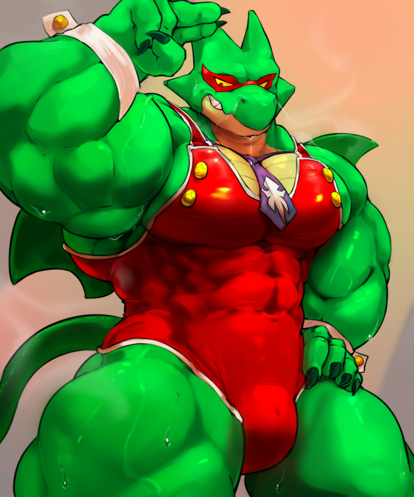 abs absurd_res anthro bodily_fluids clothing dragon friendly_unit93 green_body green_scales hi_res kings_of_hell mal_leviathan male mask muscular muscular_anthro muscular_male necktie pecs scales slit solo sweat tight_clothing vein veiny_muscles wings