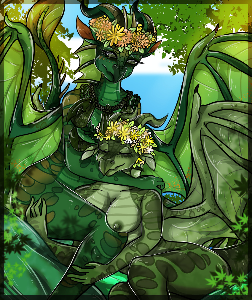 anthro big_breasts breasts canon_couple dragon duo embrace eyes_closed female female/female finnyartwork flower forest gold_scales green_body green_scales hi_res hug jungle leafwing_(wof) nature nipples non-mammal_breasts non-mammal_nipples nude plant romantic romantic_couple scales scalie smile spread_wings sundew_(wof) tree tropical wholesome willow_(wof) wings wings_of_fire