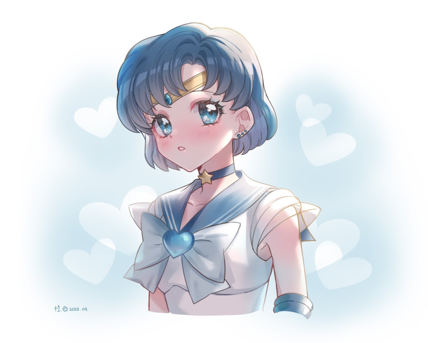 +1_(yakusoku0722) 1girl back_bow bishoujo_senshi_sailor_moon blue_bow blue_bowtie blue_choker blue_eyes blue_gemstone blue_hair blue_sailor_collar bow bowtie brooch choker circlet earrings elbow_gloves gem gloves highres jewelry leotard mizuno_ami sailor_collar sailor_mercury shirt short_hair short_sleeves solo star_(symbol) star_choker stud_earrings super_sailor_mercury swept_bangs white_leotard white_shirt