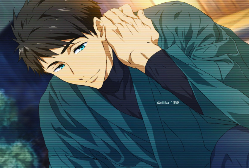 1boy aqua_eyes black_hair closed_mouth commentary_request free! hand_up japanese_clothes kimono long_sleeves looking_at_viewer male_focus nijika_(key_628194) short_hair smile solo twitter_username upper_body yamazaki_sousuke