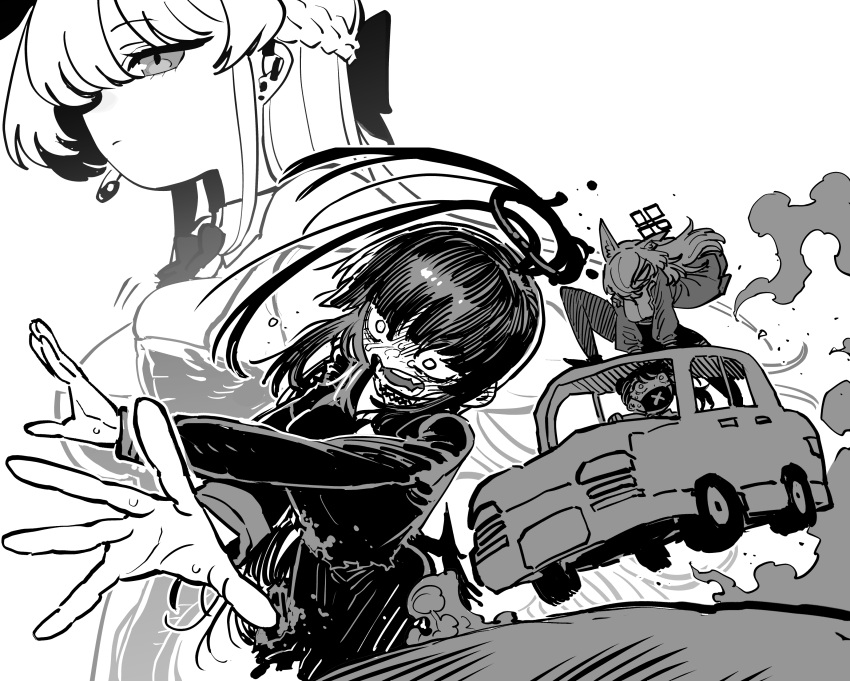 4girls absurdres animal_ears blank_eyes blue_archive blush bow bowtie breasts car commentary covered_mouth cropped_legs crossed_arms detached_collar dress_shirt driving dust_cloud ear_blush ear_piercing floating_hair full-face_blush greyscale hair_bow hair_over_one_eye half_updo halo highres jacket kanna_(blue_archive) knee_up long_hair long_sleeves looking_up low_wings mask medium_breasts melting_halo microphone midair monochrome motor_vehicle mouth_mask multiple_girls nervous nervous_sweating on_vehicle one_eye_covered open_clothes open_jacket outstretched_arms pantyhose piercing playboy_bunny ponytail projected_inset shirt skirt ssambatea sukeban_(smg)_(blue_archive) sweat tight_clothes toki_(blue_archive) toki_(bunny)_(blue_archive) tsurugi_(blue_archive) v-shaped_eyebrows wide-eyed wings