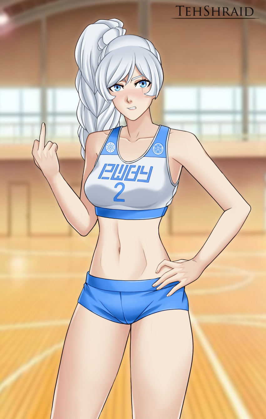 1girl absurdres alternate_costume angry artist_name bare_shoulders blue_buruma blue_eyes blurry blurry_background blush braid braided_ponytail breasts buruma clenched_teeth collarbone copyright_name gym gym_uniform hand_on_own_hip hand_up high_side_ponytail highres indoors jersey long_hair looking_at_viewer medium_breasts middle_finger midriff navel number_print rwby scar scar_across_eye scar_on_face small_breasts snowflake_print solo sports_bra stomach teeth tehshraid thighs v-shaped_eyebrows weiss_schnee white_hair