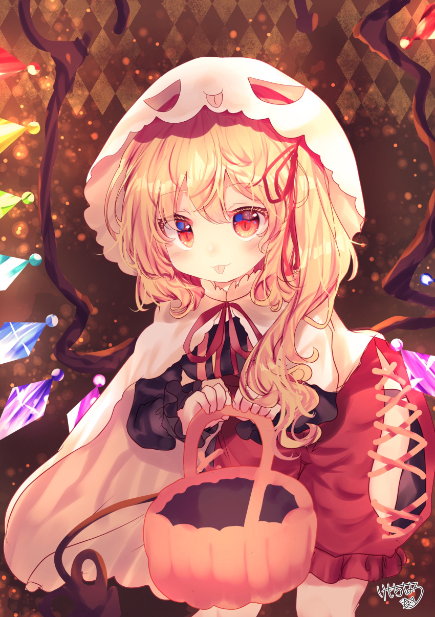 1girl :3 absurdres argyle argyle_background basket blonde_hair bloomers blush breasts brown_background capelet clothing_cutout cowboy_shot crystal crystal_wings dress flandre_scarlet halloween_bucket hands_up hat highres holding holding_basket kemo_chiharu laevatein_(touhou) leaning_forward light_particles looking_at_viewer medium_hair mob_cap neck_ribbon red_bloomers red_eyes red_ribbon ribbon side_cutout side_ponytail signature simple_background small_breasts solo tongue tongue_out touhou underwear white_capelet white_headwear wings