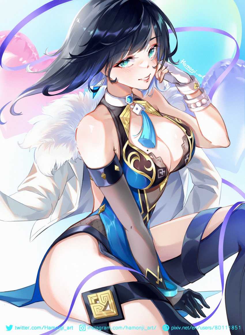 1girl absurdres asymmetrical_gloves bare_shoulders black_hair blue_hair bracelet breasts cleavage clothing_cutout dice elbow_gloves fingerless_gloves floating_hair fur-trimmed_jacket fur_trim genshin_impact gloves green_eyes grin hamonji head_rest highres instagram_username jacket jacket_removed jewelry large_breasts looking_at_viewer mismatched_gloves mole mole_on_breast multicolored_hair pelvic_curtain pixiv_id purple_ribbon ribbon short_hair single_elbow_glove single_fingerless_glove sitting smile solo tassel teeth thigh_cutout thighs twitter_username two-tone_hair web_address yelan_(genshin_impact)