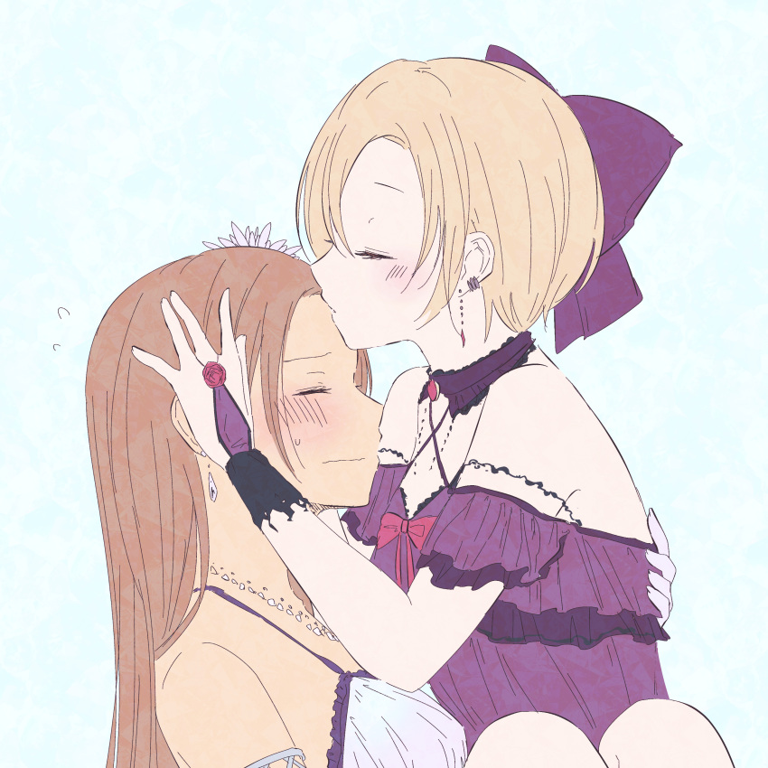 2girls absurdres ayame_iro_(toumei_dolce) blonde_hair blush brown_hair carrying carrying_person closed_eyes dress flying_sweatdrops highres idolmaster idolmaster_cinderella_girls kiss kissing_forehead matsunaga_ryo multiple_girls off-shoulder_dress off_shoulder purple_dress shirasaka_koume short_hair simple_background sleeveless straight_hair sweatdrop yuri