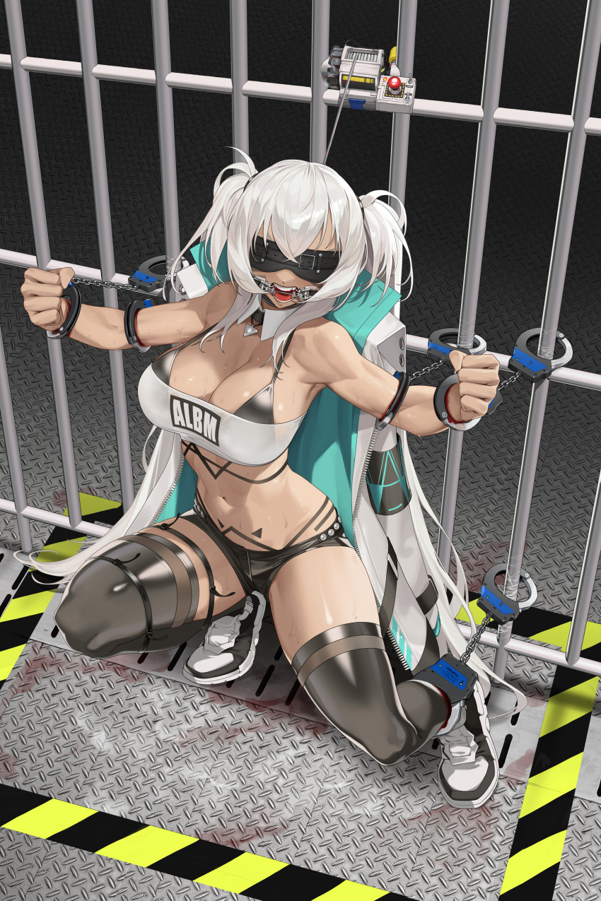 1girl absurdres alabama_(azur_lane) angry aronman azur_lane bare_shoulders bars bikini bikini_under_clothes black_bikini black_footwear black_thighhighs blindfold blood blood_on_clothes blood_stain body_markings breasts chinese_commentary cleavage clenched_hands clothes_writing coat coat_on_shoulders collarbone commentary_request commission cuffs dark-skinned_female dark_skin detached_collar facial_mark full_body gagged hair_between_eyes handcuffs highleg highleg_bikini highres iron_bars large_breasts long_coat long_hair navel open_clothes open_coat open_mouth prison prison_cell restrained second-party_source shackles shadow shoes short_shorts shorts sidelocks skindentation sneakers solo squatting strapless sweat swimsuit teeth thighhighs tube_top twintails very_long_hair whisker_markings white_coat white_hair white_tube_top
