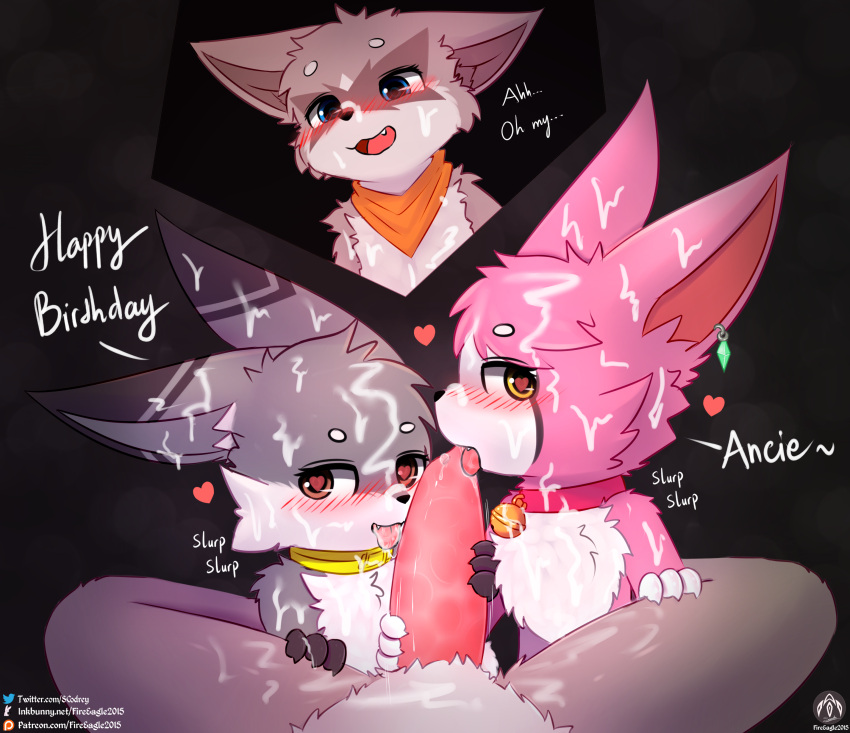 &lt;3 &lt;3_eyes absurd_res anthro bat bell birthday birthday_gift blush bodily_fluids claws collar cum cum_on_body cum_on_face dust:_an_elysian_tail ear_piercing ear_ring fangs fellatio genital_fluids genitals group hi_res iradeon licking lune_(lunesnowtail) lying male male/male mammal nimbat oral penile penis penis_lick piercing procyonid raccoon ring_piercing scarf sean_(senz) senz sex teeth text tongue tongue_out trio