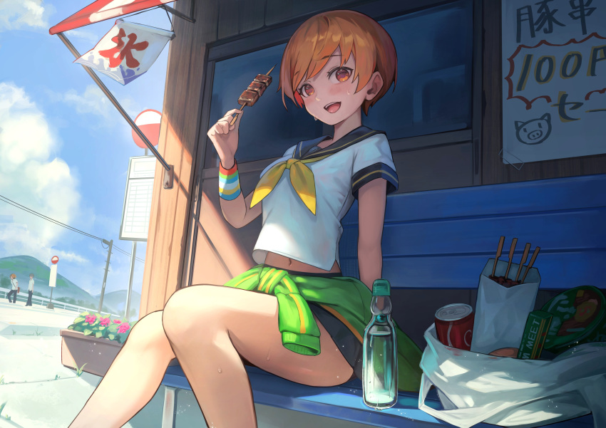 1girl 2boys :d absurdres bench black_sailor_collar blue_sky blush brown_eyes brown_hair bus_stop can clothes_around_waist cloud coca-cola commentary_request food food_stand green_jacket hakusyokuto hanamura_yousuke highres holding holding_food holding_skewer instant_ramen jacket jacket_around_waist knees_together_feet_apart looking_at_viewer midriff_peek mountainous_horizon multiple_boys narukami_yuu navel neckerchief outdoors persona persona_4 planter power_lines ramune sailor_collar satonaka_chie school_uniform shirt short_hair short_sleeves sitting skewer sky smile soda_can solo_focus summer sweat thighhighs track_jacket translation_request white_shirt wristband yellow_neckerchief