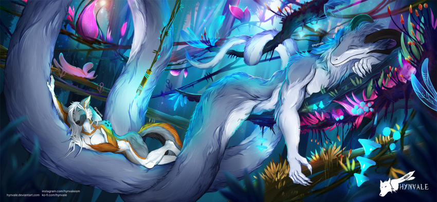 abs anthro apode bastia_(tialdo) biceps blue_body blue_fur branch brown_horn butt clothing coiling crystal cuddling draconcopode dragon duo eyes_closed fantasy fantasy_world female feran_(zenkitamura) flower fluffy fluffy_chest fluffy_hair forest forest_background fungus fur hair hammock hi_res horn hynvale lamp leaf legless legwear light long_hair male moonlight muscular muscular_anthro muscular_male mushroom naga nature nature_background orange_body orange_fur plant raypunk relaxing reptile resting scalie scenery serpentine sleeping sleeping_together smile snake thigh_highs tired tree treetop western_dragon white_body white_fur wood