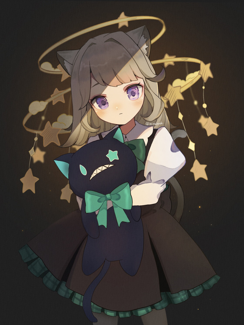 1girl animal_ear_fluff animal_ears black_dress blonde_hair blush bow brown_background cat cat_ears cat_girl cat_tail closed_mouth cowboy_shot dark_background dress dress_bow frilled_dress frills genshin_impact glowing green_bow highres holding long_hair long_sleeves looking_at_viewer lynette_(genshin_impact) minahoshi37 object_hug pantyhose puffy_sleeves purple_eyes shirt simple_background solo standing stuffed_animal stuffed_cat stuffed_toy tail white_shirt
