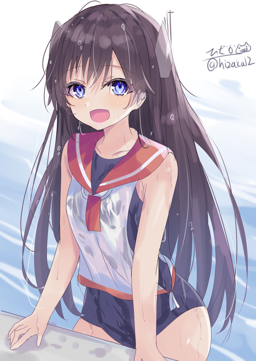 1girl absurdres black_hair blue_one-piece_swimsuit blush brown_hair dated day headgear highres hizaka i-400_(kancolle) kantai_collection long_hair looking_at_viewer ocean one-piece_swimsuit open_mouth orange_sailor_collar outdoors sailor_collar sailor_shirt school_swimsuit shirt side-tie_shirt sleeveless sleeveless_shirt smile solo swimsuit swimsuit_under_clothes twitter_username water white_shirt