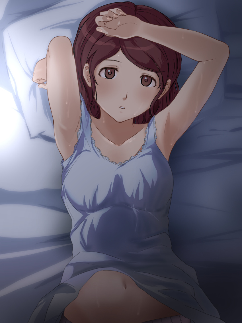 1girl amagami armpits arms_up bare_arms bare_shoulders bed_sheet breasts brown_eyes brown_hair clenched_teeth collarbone dress from_above highres looking_at_viewer lying medium_breasts nakata_sae navel on_back pillow pillow_grab short_hair solo takenoko_saba_otto teeth upper_body wet white_dress