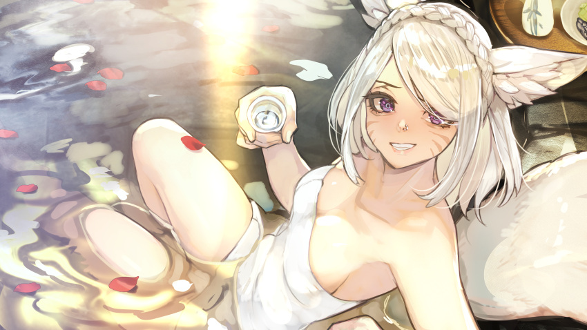 absurdres alcohol animal_ear_fluff animal_ears blush braid breasts cat_ears cat_tail cup facial_mark final_fantasy final_fantasy_xiv full-face_blush grey_hair hide_(hideout) highres holding holding_cup looking_at_viewer medium_breasts miqo'te naked_towel onsen partially_submerged petals purple_eyes short_hair sitting smile sunset tail towel warrior_of_light_(ff14) water whisker_markings