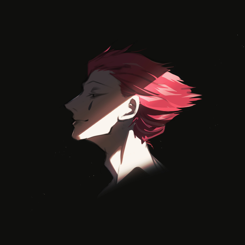 1boy black_background commentary_request facepaint facial_mark hair_slicked_back highres hisoka_morow hunter_x_hunter light male_focus profile red_hair short_hair simple_background smile solo teardrop_facial_mark teardrop_tattoo titi_king upper_body