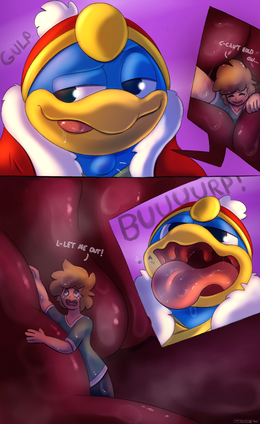 2022 absurd_res anthro anthro_pred avian bird bodily_fluids burping_up_clothing clothed_human comic crying digital_media_(artwork) duo excessive_saliva gaping_mouth hi_res human human_prey inside_mouth king_dedede kirby_(series) larger_anthro larger_male licking licking_lips licking_own_lips macro male mammal micro neck_bulge nintendo on_tongue open_mouth oral_vore penguin saliva size_difference smaller_human smaller_male suddendraft tears tongue tongue_out uvula vore